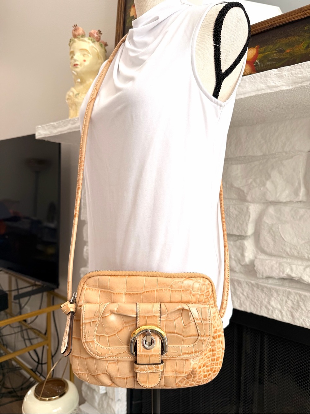 B Makowsky Tan Croc Embossed Genuine Leather Crossbody Bag Y2K - Picture 5 of 15